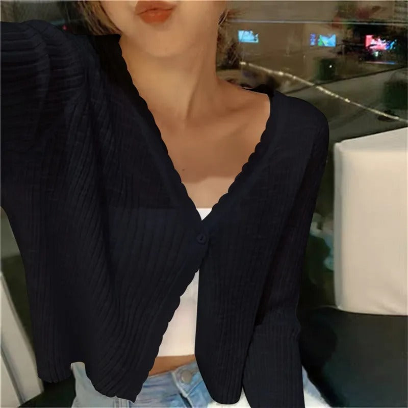 Women's Knit Cardigan – Cropped Lettuce Edge Trim And V-Neck