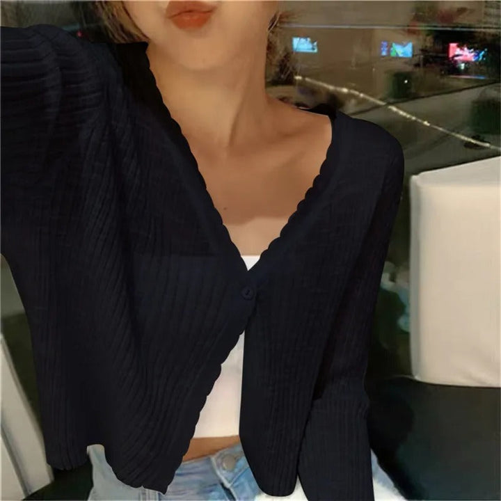 Women's Knit Cardigan – Cropped Lettuce Edge Trim And V-Neck