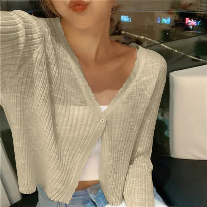 Women's Knit Cardigan – Cropped Lettuce Edge Trim And V-Neck