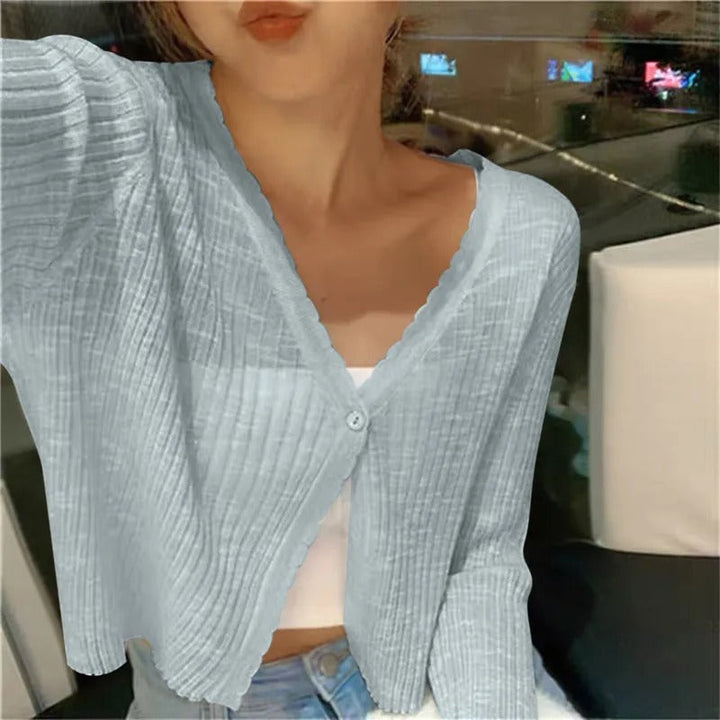Women's Knit Cardigan – Cropped Lettuce Edge Trim And V-Neck