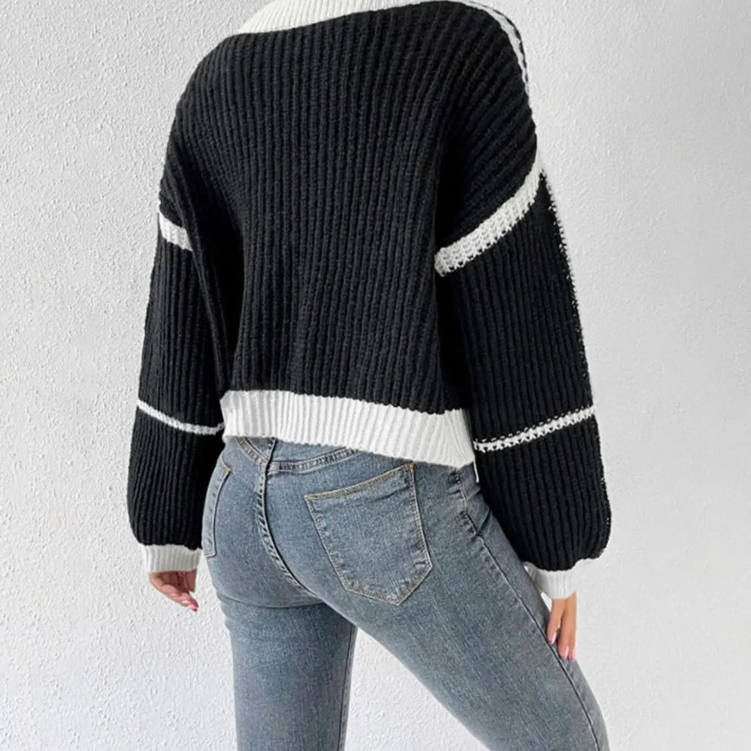 Women's Knit Cardigan – Cropped Chunky Knit Puff Sleeves And Stripe Detail