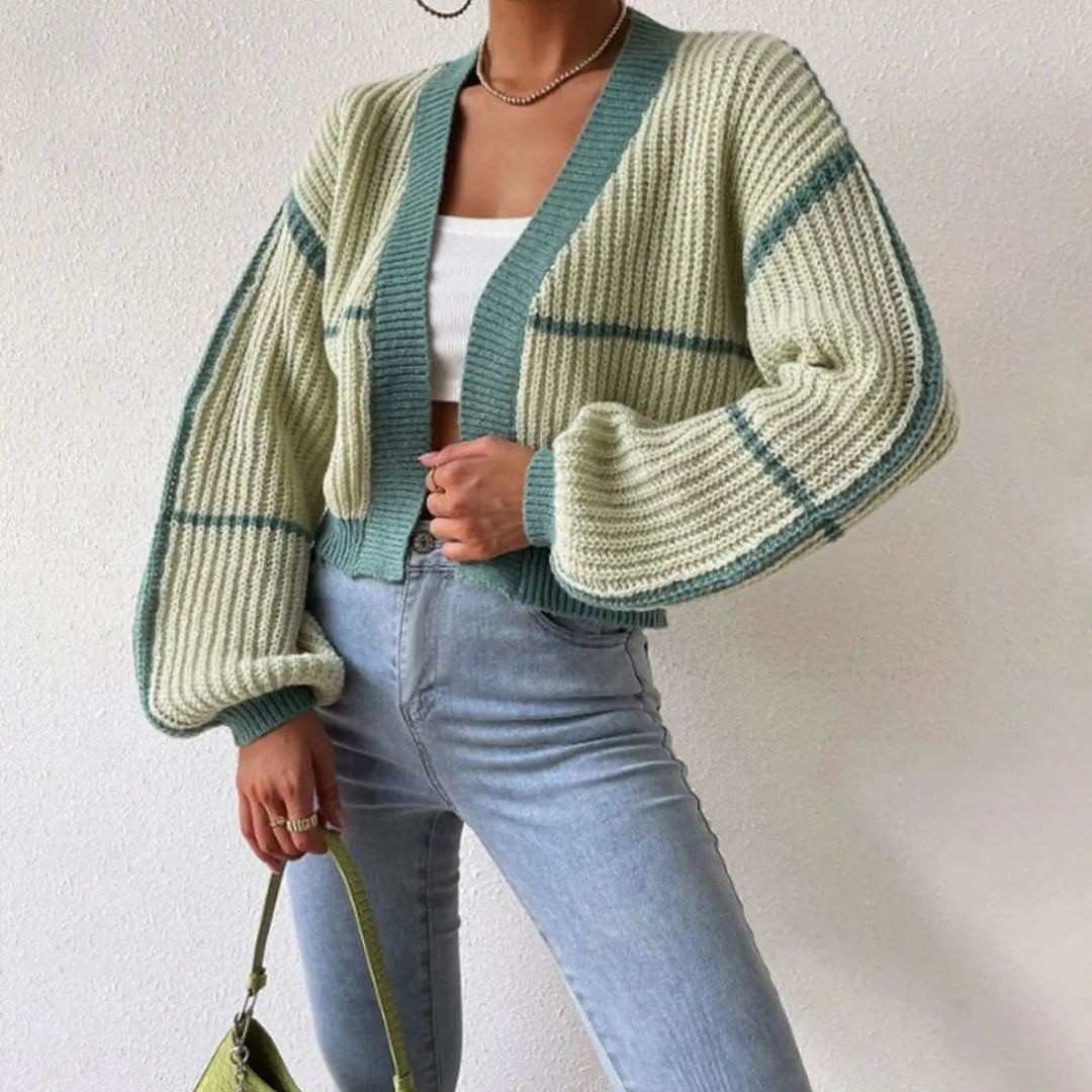 Women's Knit Cardigan – Cropped Chunky Knit Puff Sleeves And Stripe Detail