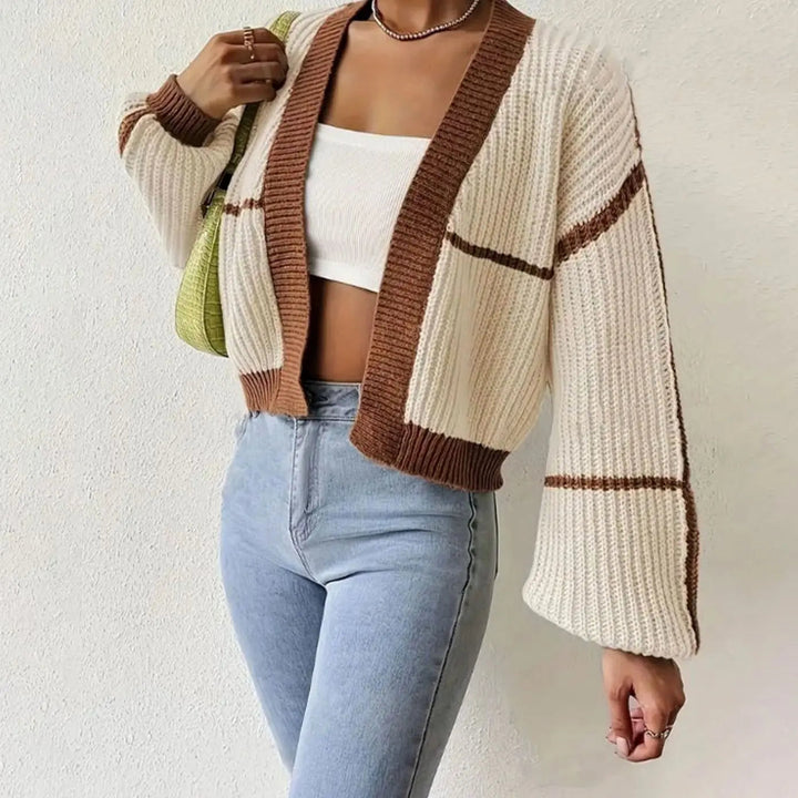 Women's Knit Cardigan – Cropped Chunky Knit Puff Sleeves And Stripe Detail