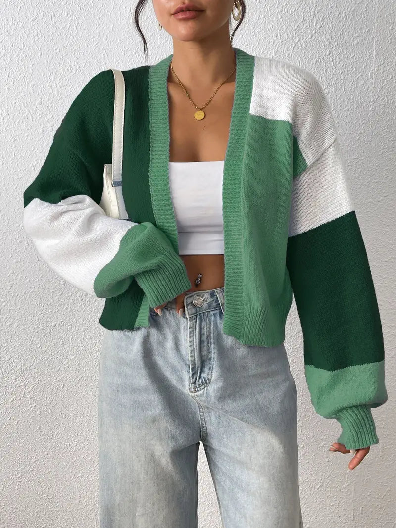 Women's Knit Cardigan – Cropped Colour Block Open-Front And Ribbed Cuffs