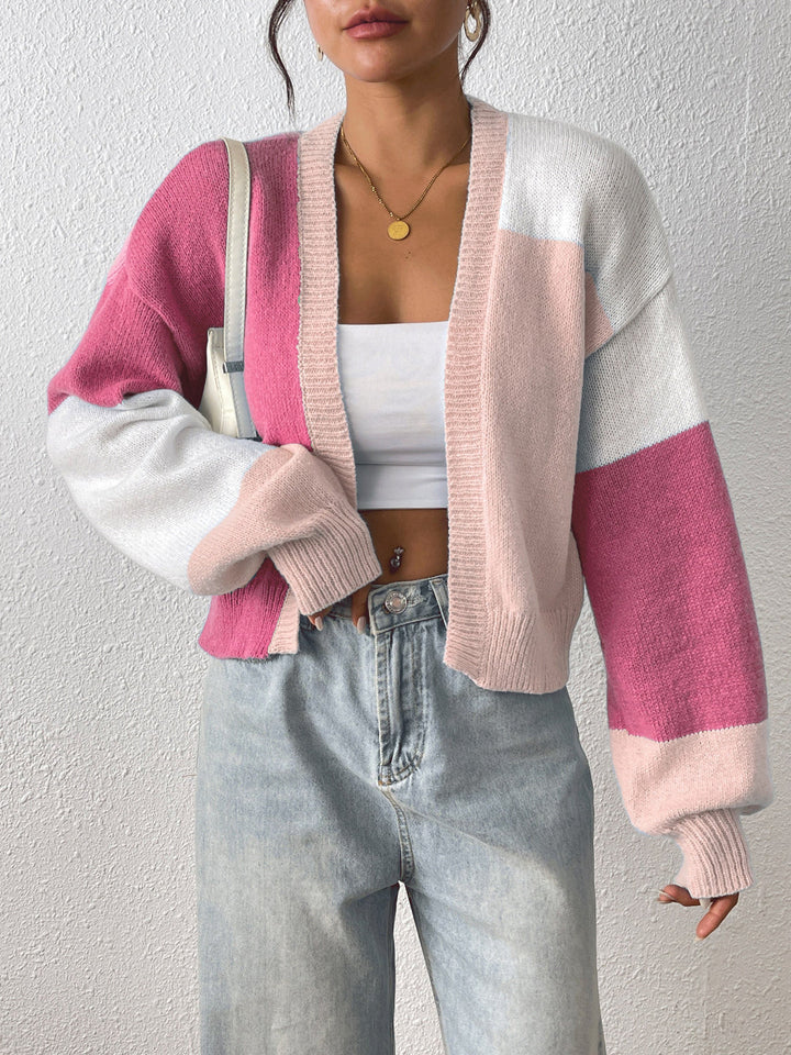 Women's Knit Cardigan – Cropped Colour Block Open-Front And Ribbed Cuffs