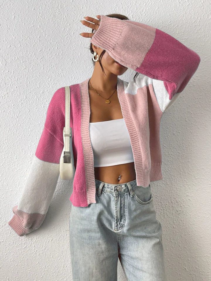 Women's Knit Cardigan – Cropped Colour Block Open-Front And Ribbed Cuffs