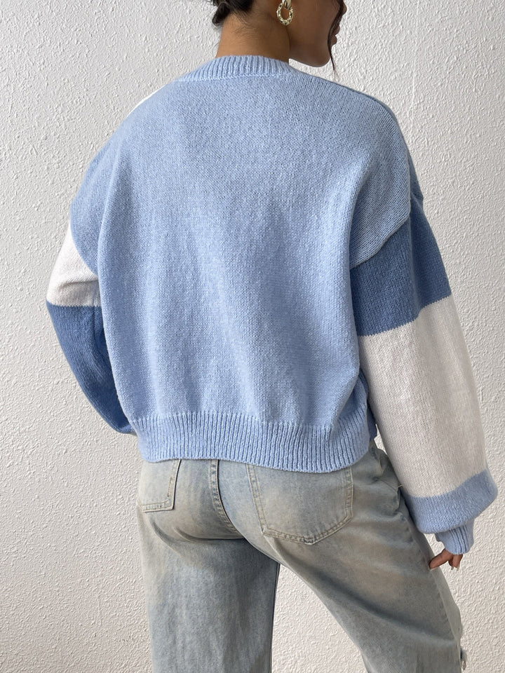 Women's Knit Cardigan – Cropped Colour Block Open-Front And Ribbed Cuffs