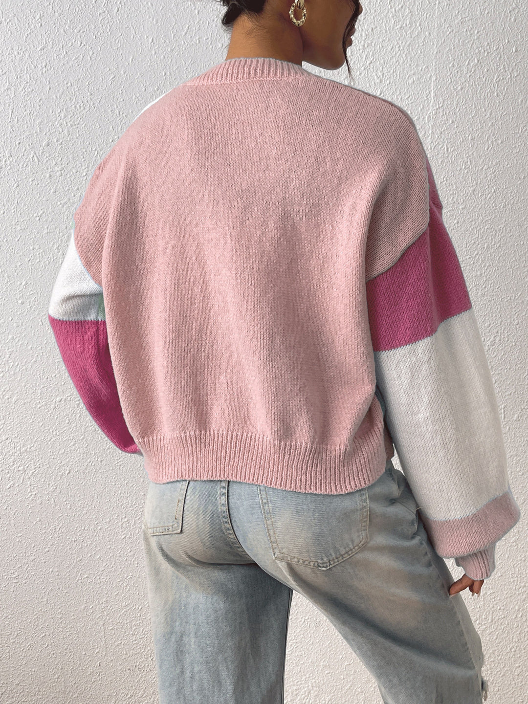 Women's Knit Cardigan – Cropped Colour Block Open-Front And Ribbed Cuffs
