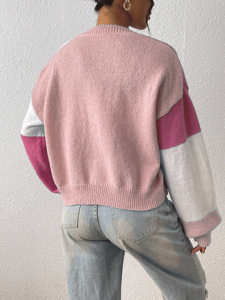 Women's Knit Cardigan – Cropped Colour Block Open-Front And Ribbed Cuffs