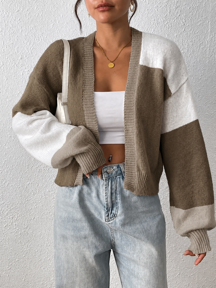 Women's Knit Cardigan – Cropped Colour Block Open-Front And Ribbed Cuffs