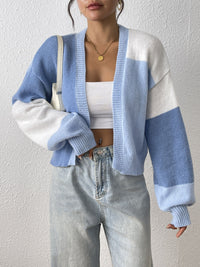 Women's Knit Cardigan – Cropped Colour Block Open-Front And Ribbed Cuffs