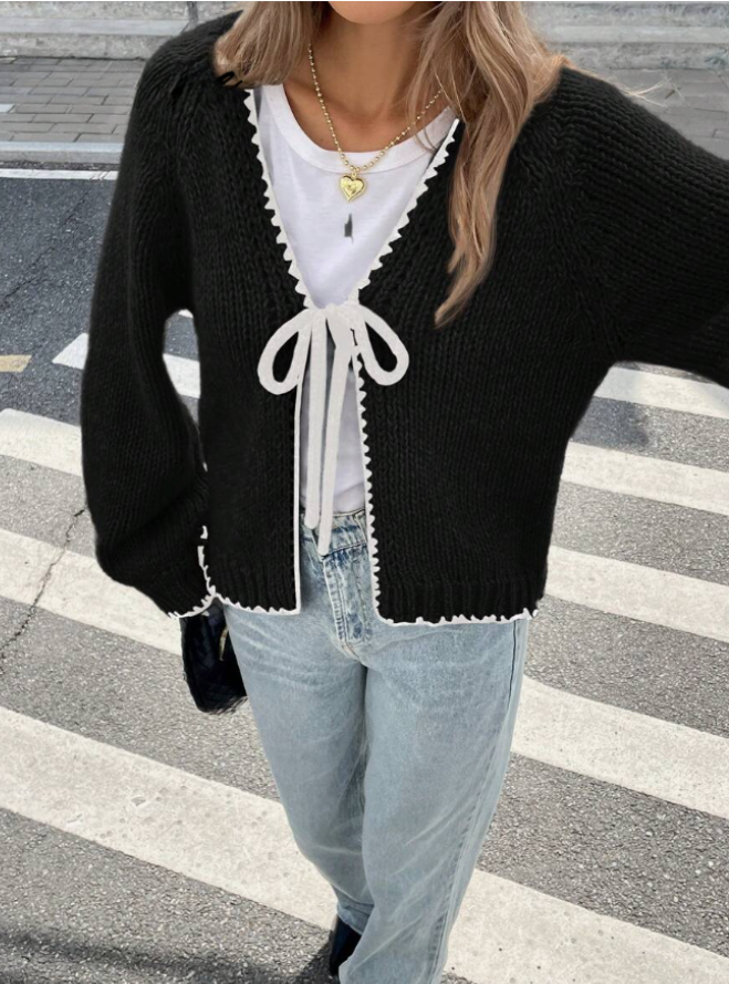Women's Knit Cardigan – Cropped Knit Bow Tie And Contrast Trim