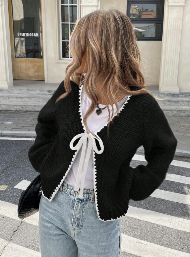 Women's Knit Cardigan – Cropped Knit Bow Tie And Contrast Trim