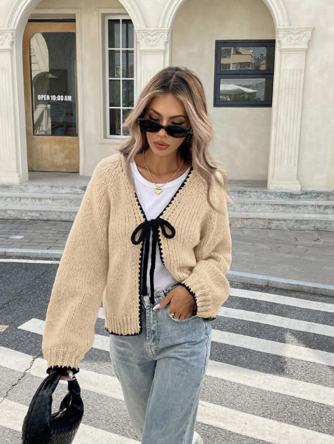 Women's Knit Cardigan – Cropped Knit Bow Tie And Contrast Trim
