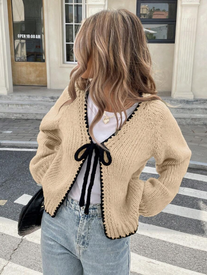 Women's Knit Cardigan – Cropped Knit Bow Tie And Contrast Trim