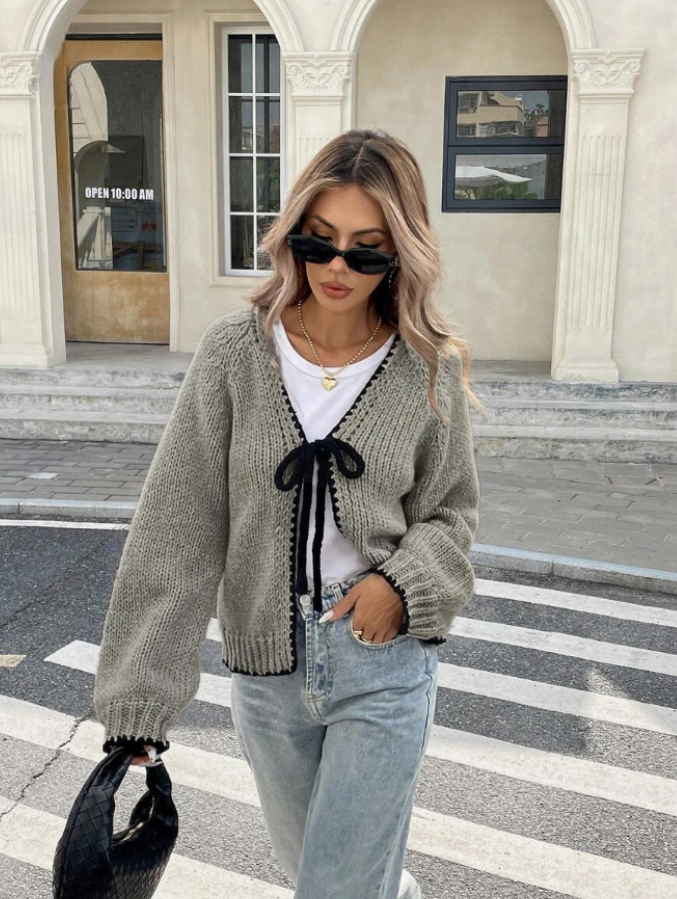 Women's Knit Cardigan – Cropped Knit Bow Tie And Contrast Trim