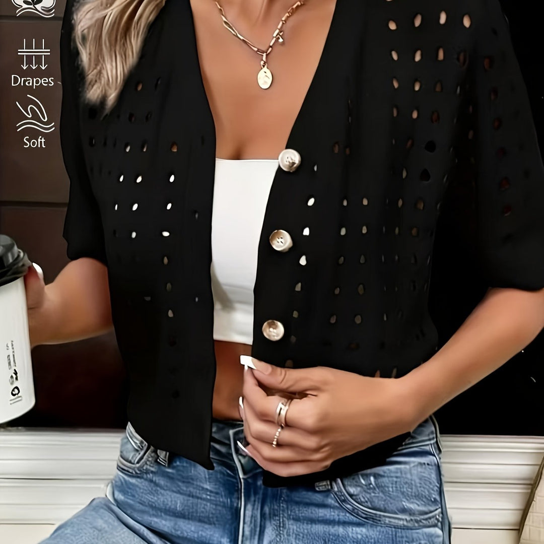 Women's Knit Cardigan – Cropped Knit Open Knit Detail And Short Sleeves