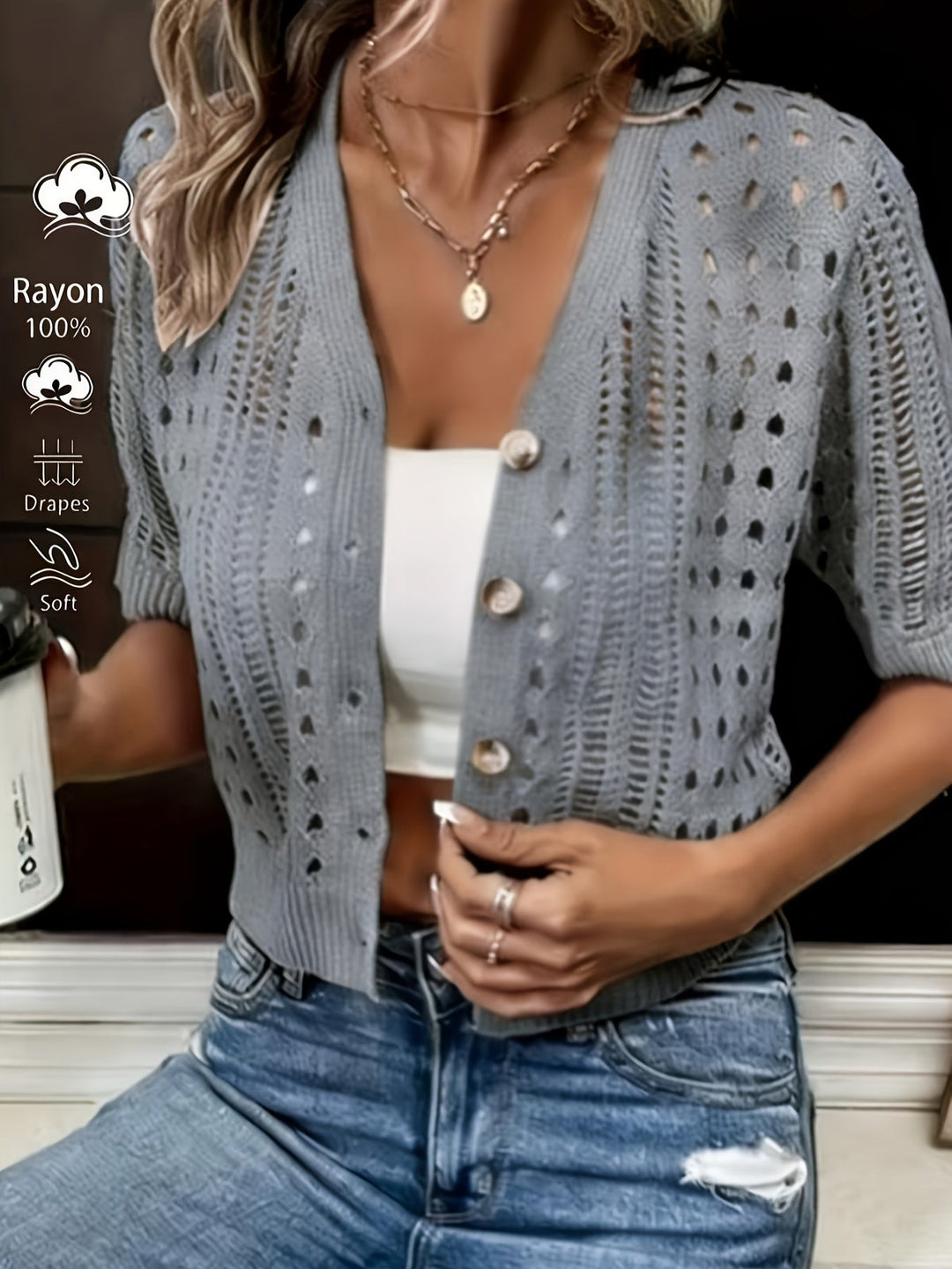Women's Knit Cardigan – Cropped Knit Open Knit Detail And Short Sleeves