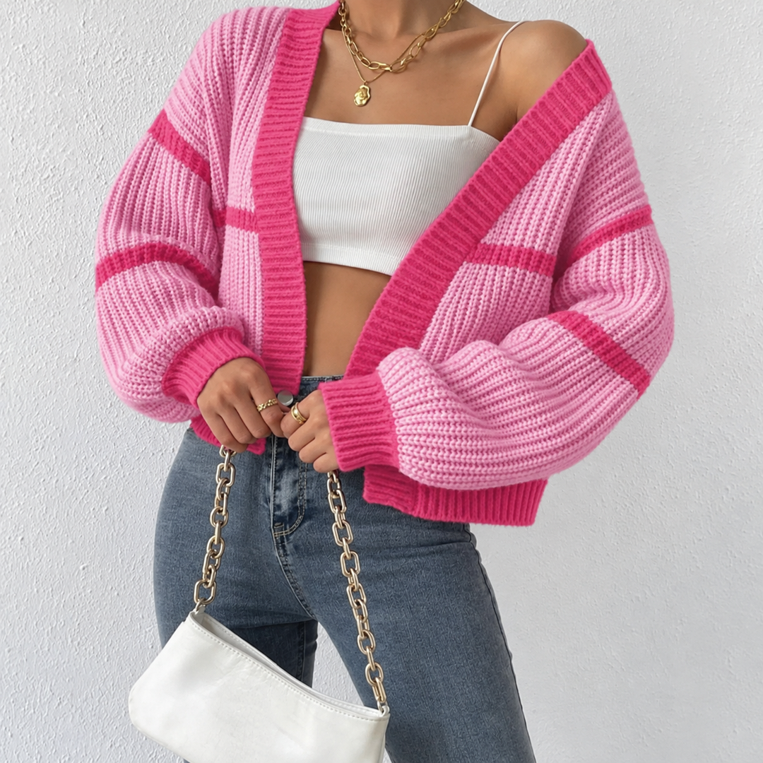 Women's Knit Cardigan – Cropped Chunky Knit Puff Sleeves And Stripe Detail