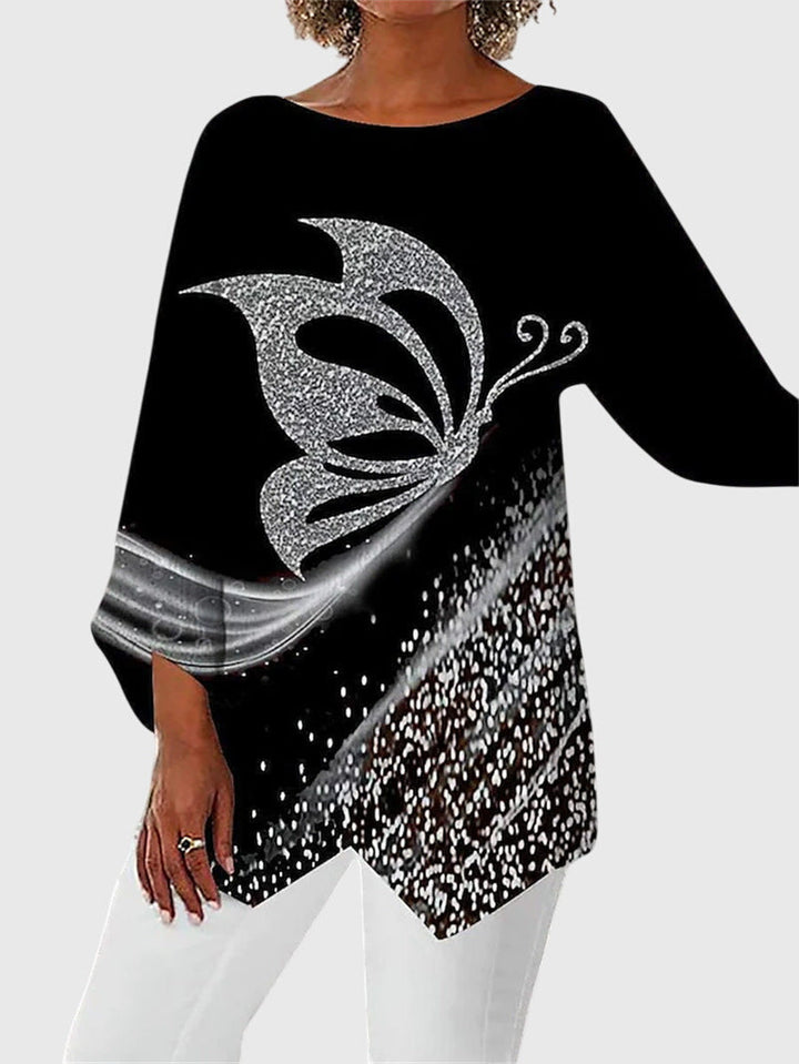 Women's Maya – Elegant Butterfly Print Asymmetric Blouse in Silver Butterfly | Invictora.com