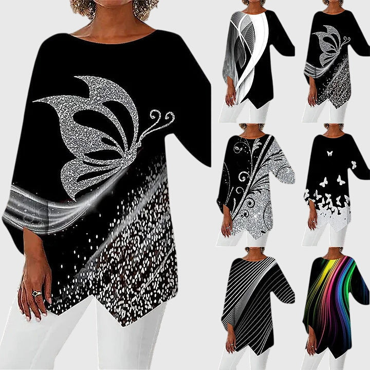 Women's Maya – Elegant Butterfly Print Asymmetric Blouse in Silver Stripe | Invictora.com