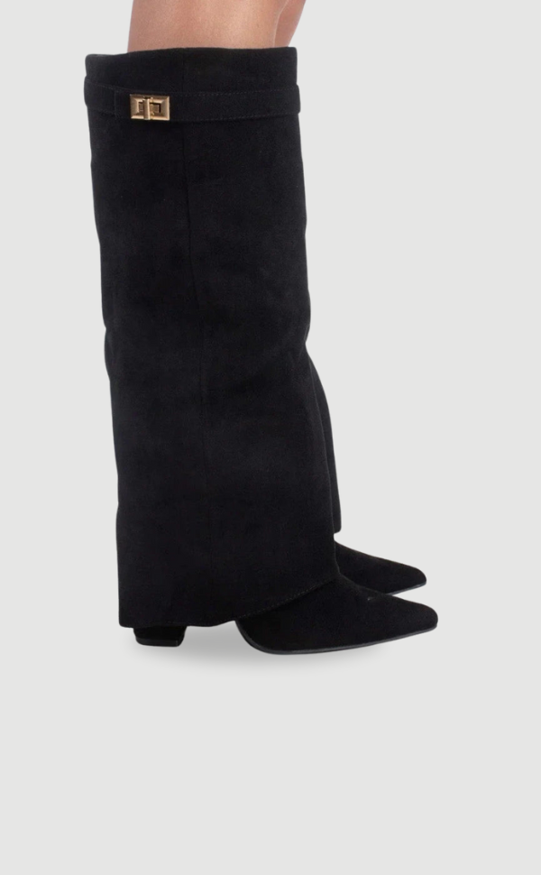Women's Suede Fold-Over Boots – Golden Detail in Black | Invictora.com