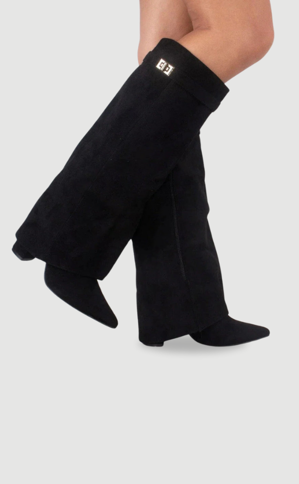 Women's Suede Fold-Over Boots – Golden Detail in Black | Invictora.com