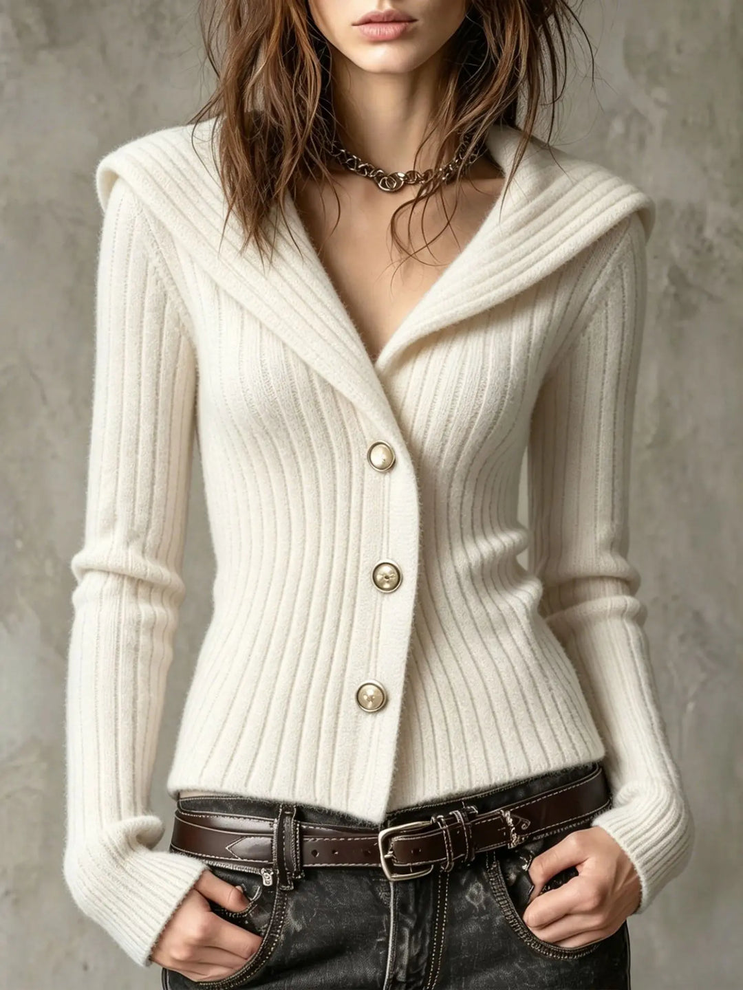 Women's Knit Cardigan – Fitted Ribbed Knit Wide Collar And Gold Buttons