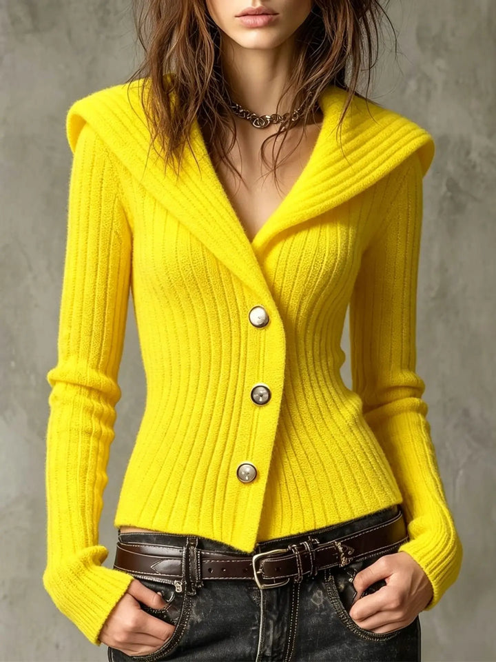 Women's Knit Cardigan – Fitted Ribbed Knit Wide Collar And Gold Buttons