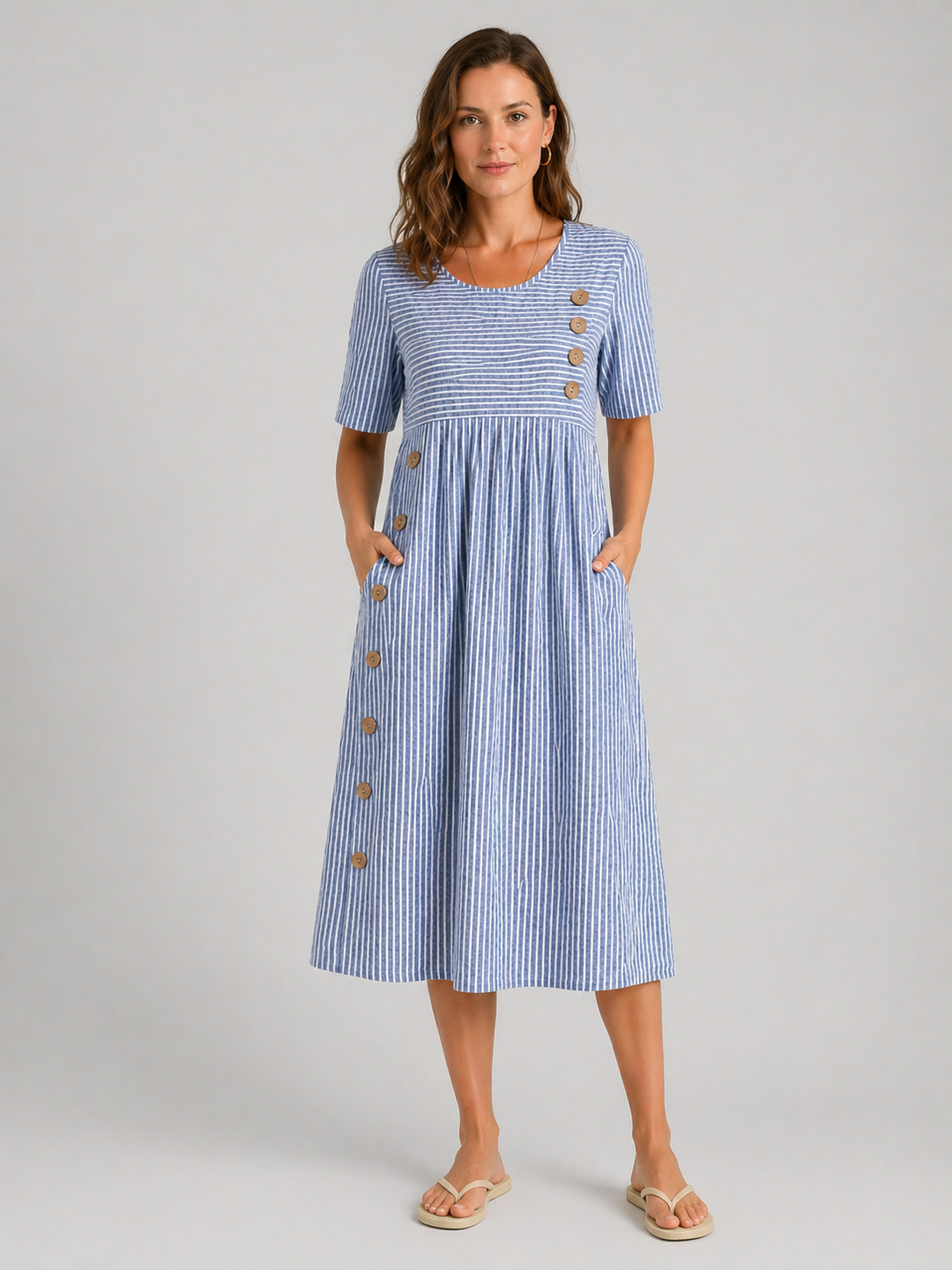 Women's Flattering Striped Midi Dress - Button Detail Fit product image | Invictora.com