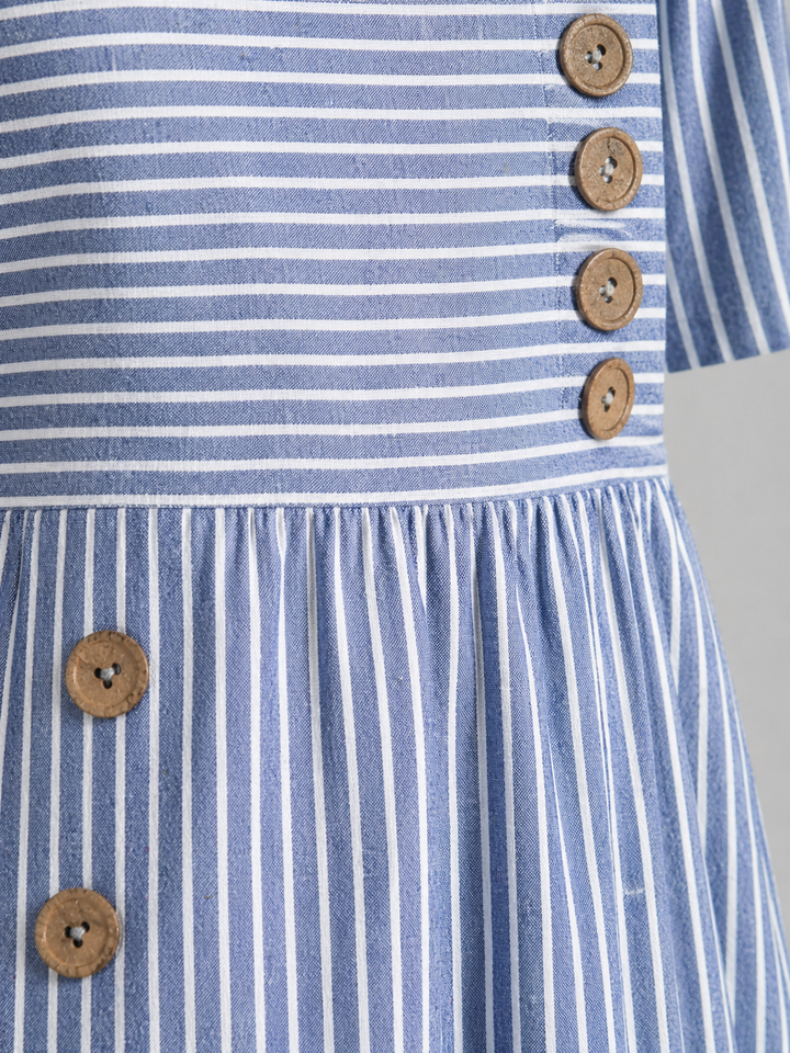 Women's Flattering Striped Midi Dress – Button Detail Fit in Blue | Invictora.com