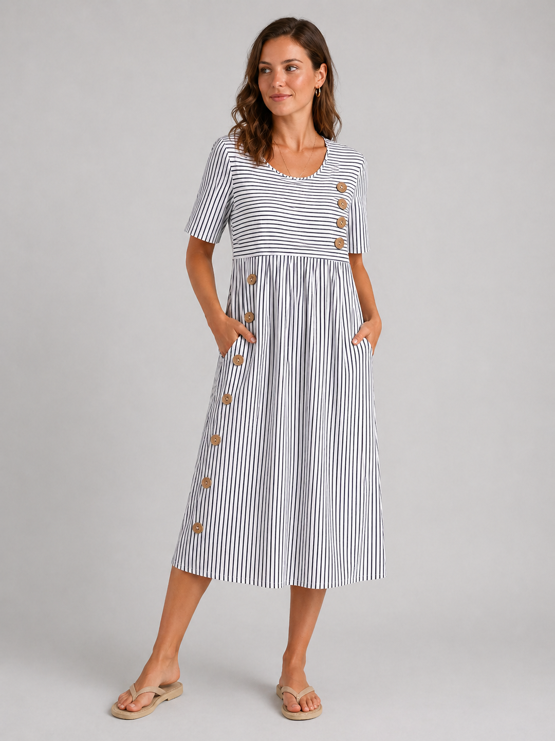 Women's Flattering Striped Midi Dress – Button Detail Fit in Blue | Invictora.com