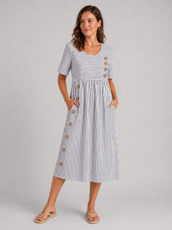 Women's Flattering Striped Midi Dress – Button Detail Fit in Blue | Invictora.com