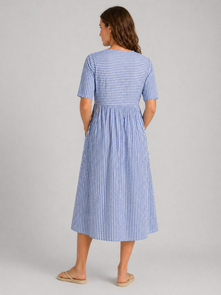 Women's Flattering Striped Midi Dress – Button Detail Fit in Blue | Invictora.com