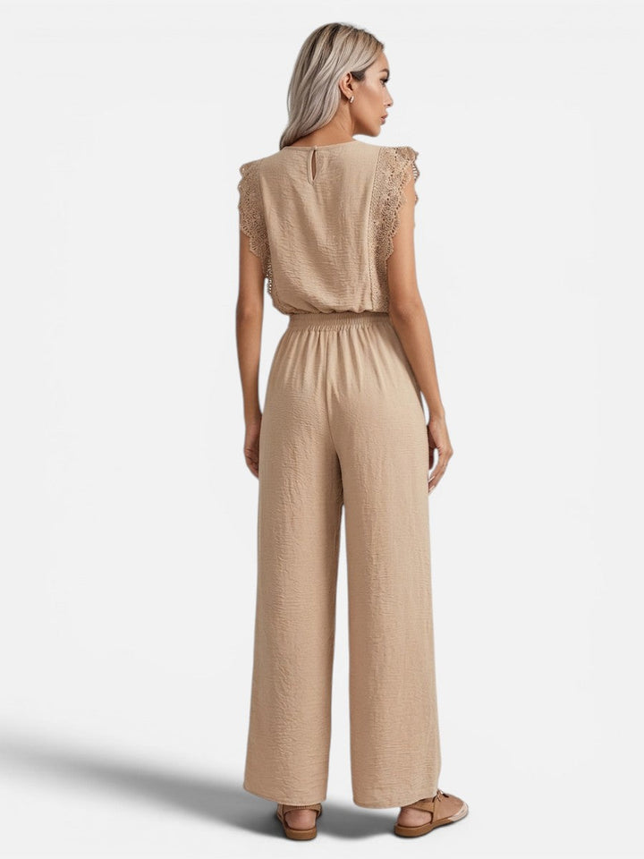Women's Two Piece Outfit Set – Relaxed Top & Wide Leg Trousers in Beige | Invictora.com