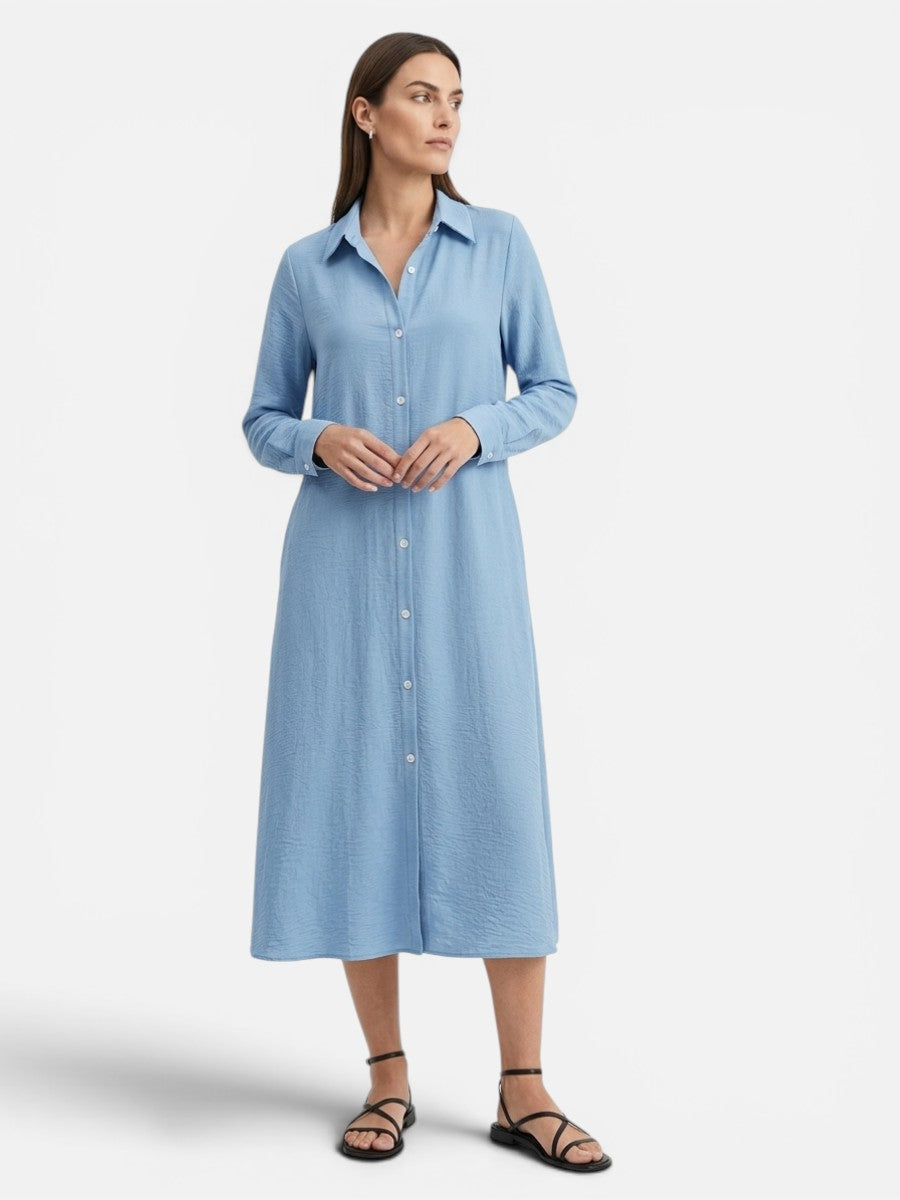 Women's Button Front Midi Shirt Dress – Relaxed Flattering Fit in Sky Blue | Invictora.com