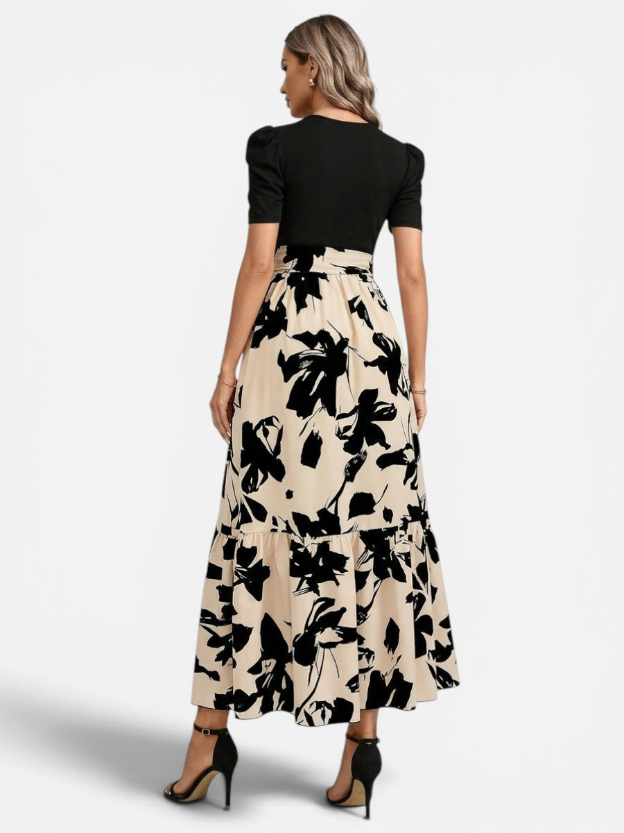Women's Floral Midi Dress – Puff Sleeve Belted Waist in Beige | Invictora.com