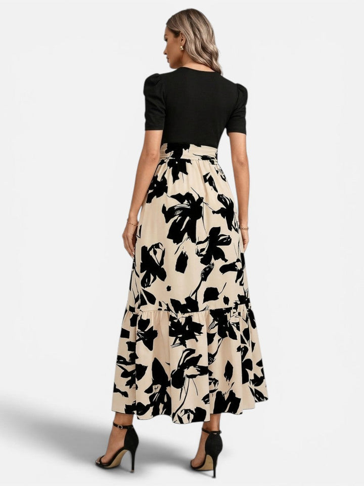 Women's Floral Midi Dress – Puff Sleeve Belted Waist in Beige | Invictora.com