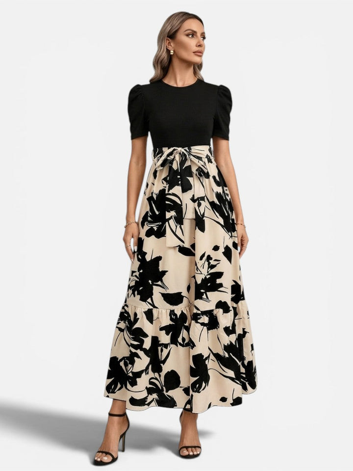 Women's Floral Midi Dress – Puff Sleeve Belted Waist in Beige | Invictora.com