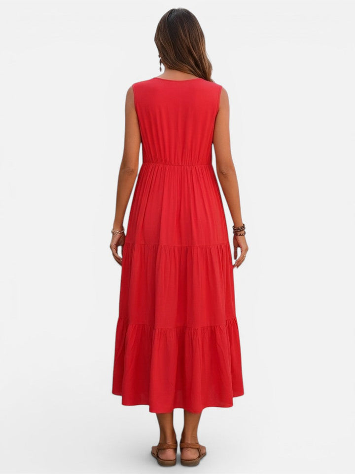 Women's V-Neck Tiered Maxi Dress – Effortless Summer Elegance in Orange | Invictora.com