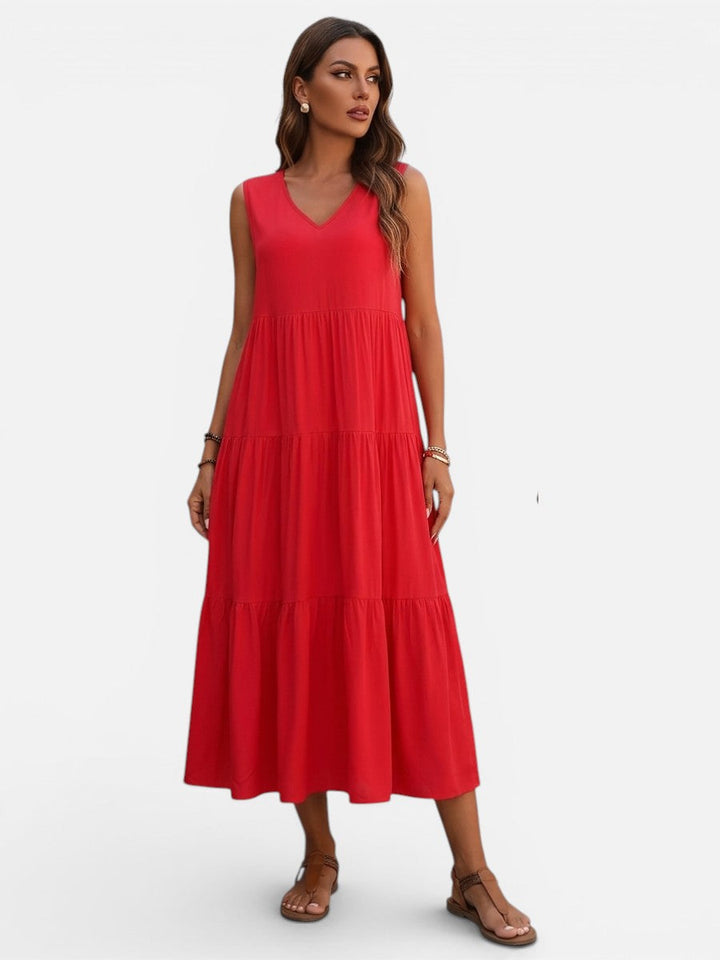 Women's V-Neck Tiered Maxi Dress – Effortless Summer Elegance in Orange | Invictora.com