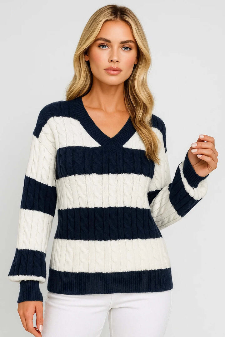 Women's Jumper – Striped Cable Knit V-Neck Chunky