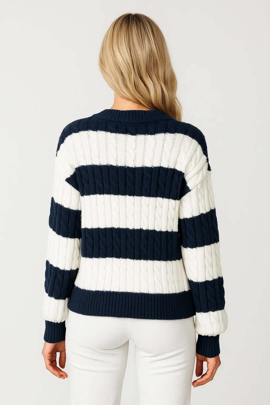 Women's Jumper – Striped Cable Knit V-Neck Chunky