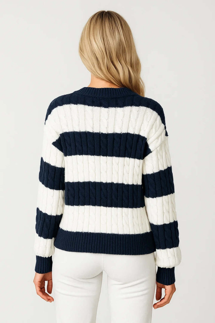 Women's Jumper – Striped Cable Knit V-Neck Chunky