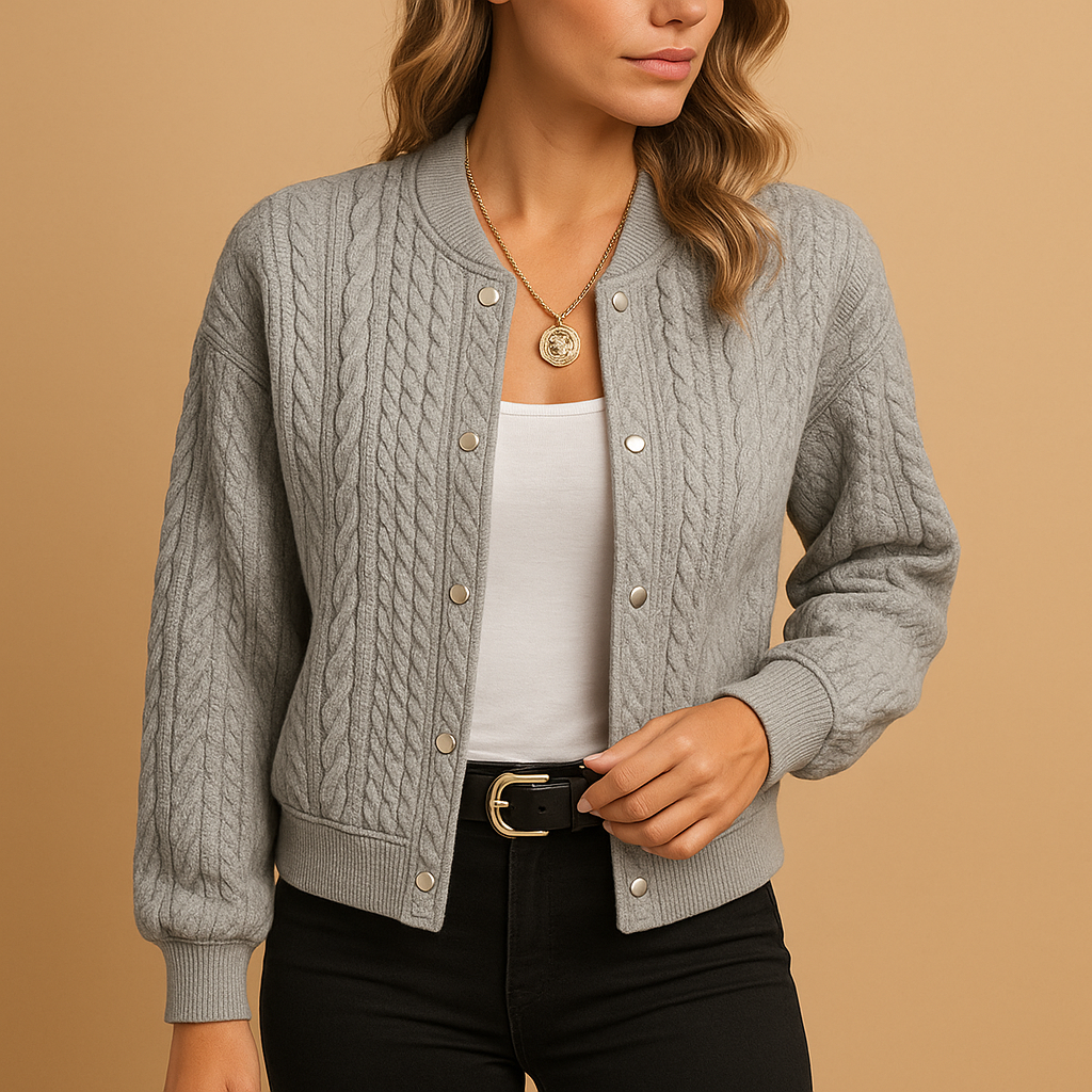 Women's Knit Cardigan – Grey Cable-Knit Gold Snap Buttons