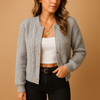 Women's Knit Cardigan – Grey Cable-Knit Gold Snap Buttons