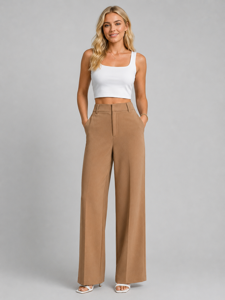Women's High Waisted Wide Leg Trousers – Tailored Everyday Style in Camel | Invictora.com