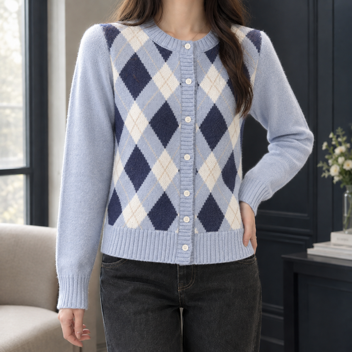 Women's Knit Cardigan – Argyle Round Neck And Cream Buttons