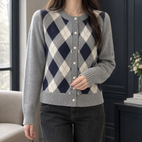 Women's Knit Cardigan – Argyle Round Neck And Cream Buttons