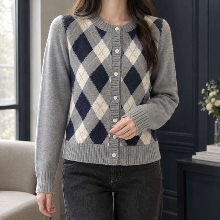 Women's Knit Cardigan – Argyle Round Neck And Cream Buttons